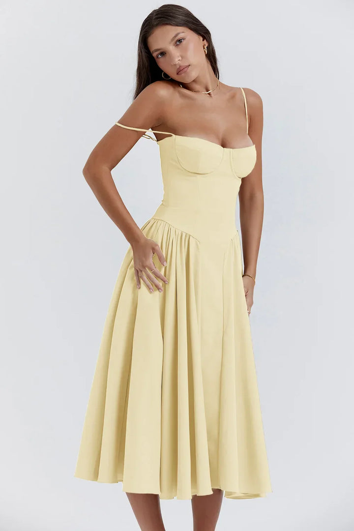 Stylish summer dress with spaghetti straps and waist corset – Mira