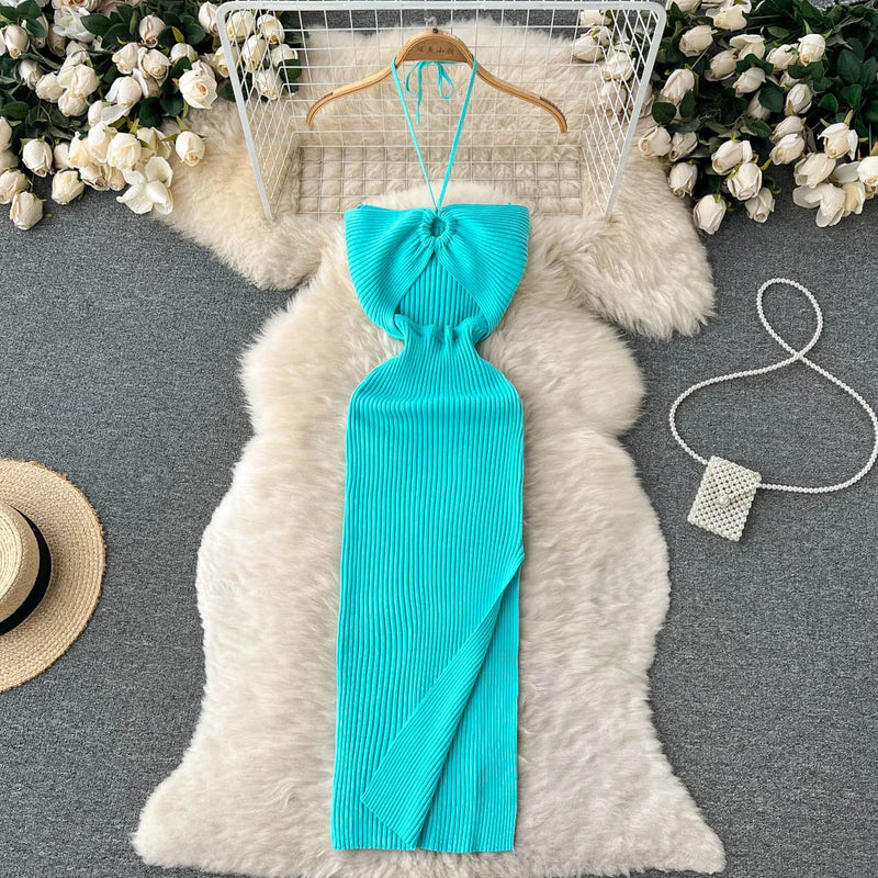 Trendy backless maxi knit dress with side slit for women (one size) – Liora