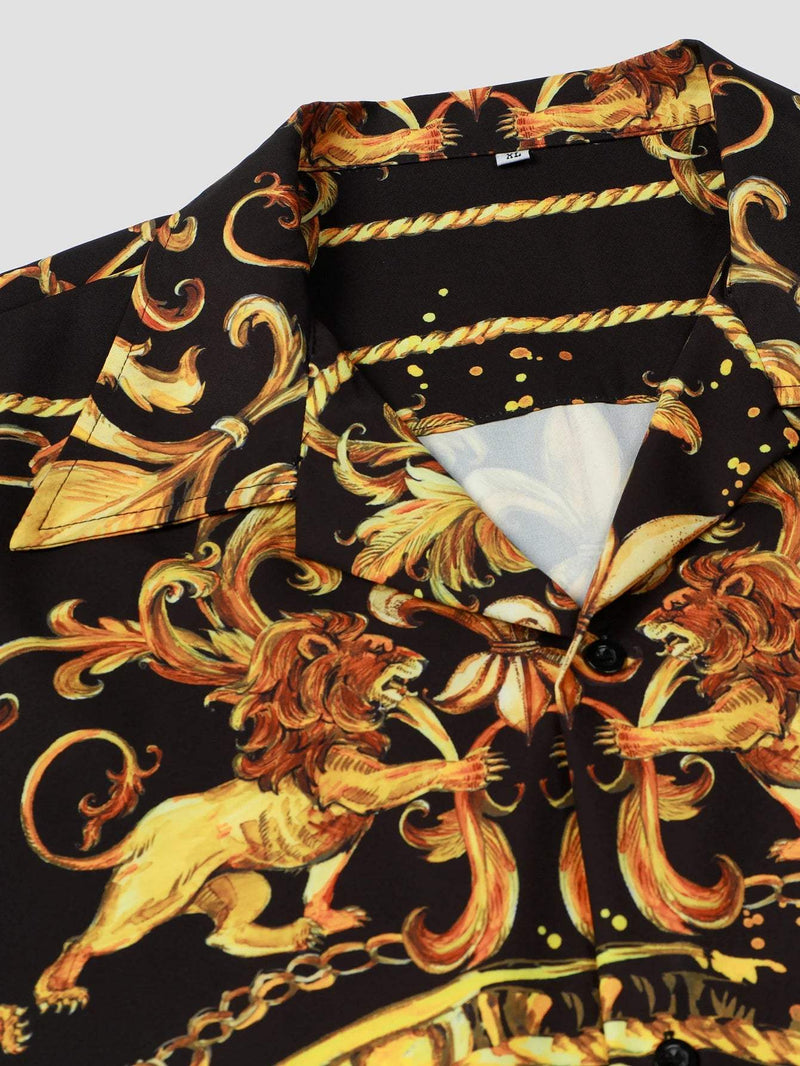 Camisa de hombre de manga corta expresiva con patrón barroco y motivo de león – Dante
