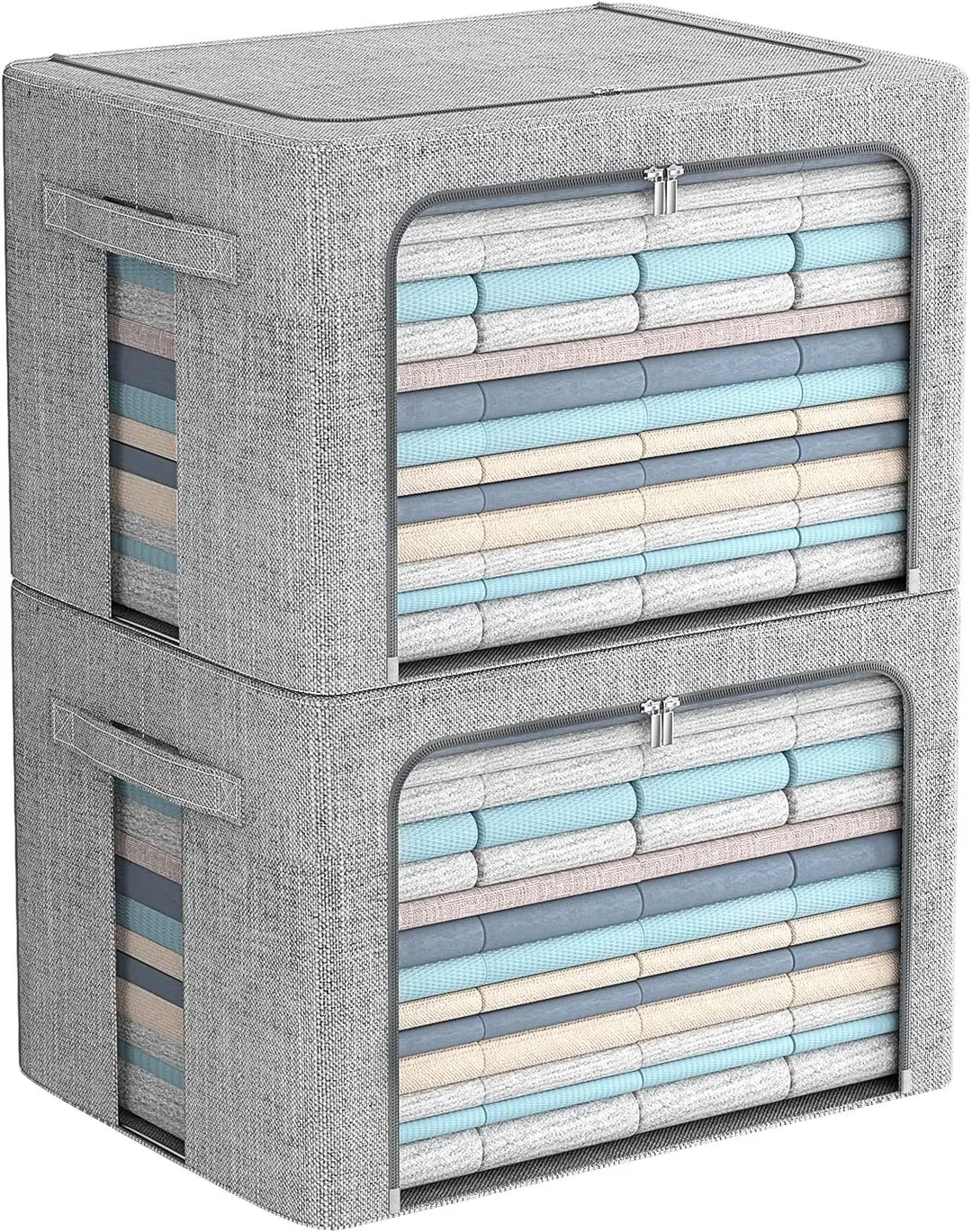 Stackable storage boxes made of linen fabric with clear window – Elara
