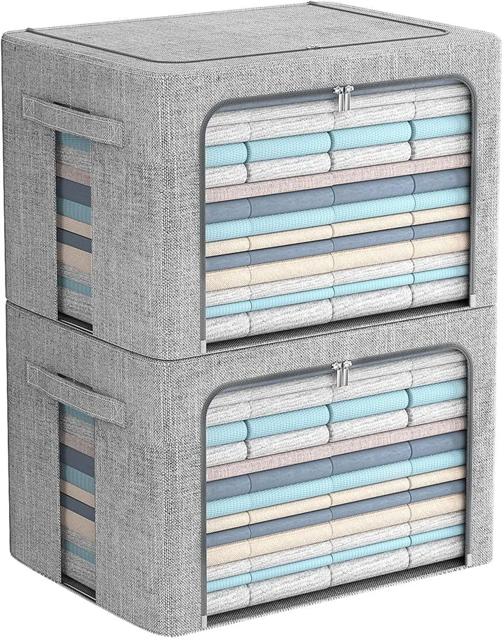 Stackable storage boxes made of linen fabric with clear window – Elara