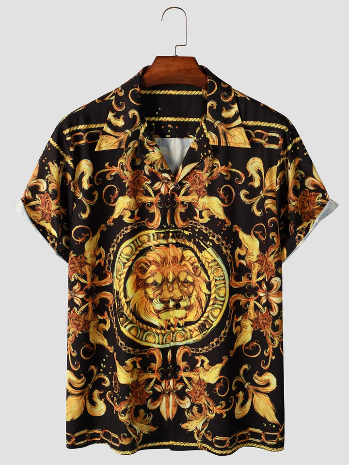 Camisa de hombre de manga corta expresiva con patrón barroco y motivo de león – Dante