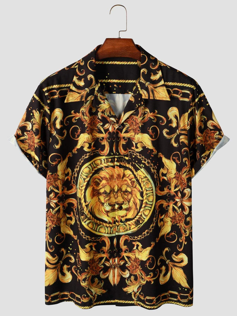 Camisa de hombre de manga corta expresiva con patrón barroco y motivo de león – Dante