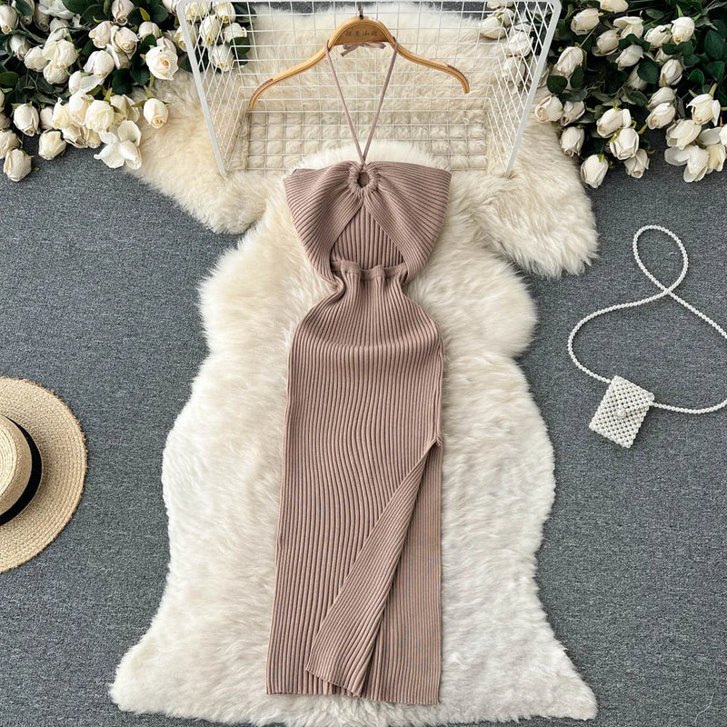 Trendy backless maxi knit dress with side slit for women (one size) – Liora