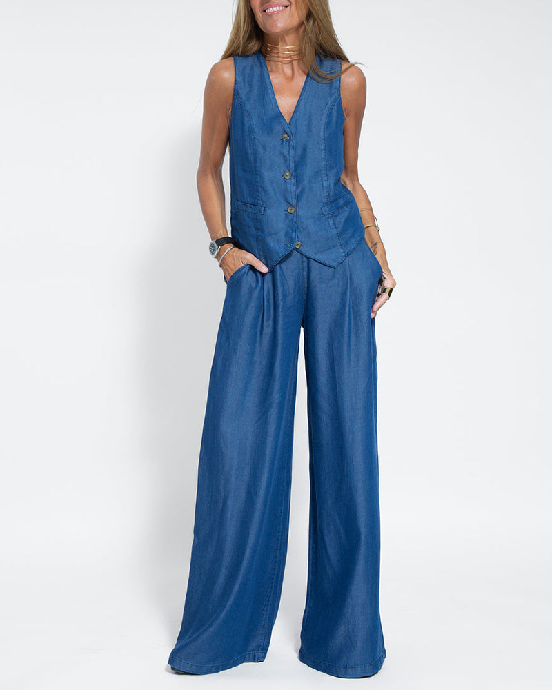 Linen 2-piece set with wide-cut pants and vest – Alma