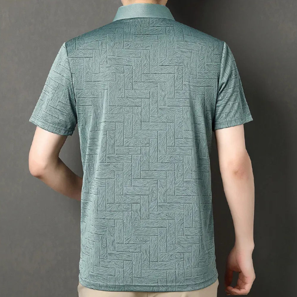 Grünes Herren-Poloshirt mit Fischgrätenmuster, kurzärmelig, Baumwolle, Rückansicht.