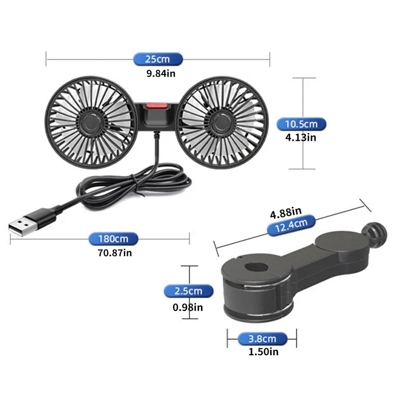 Tragbarer USB-Dual-Head-Auto-Lüfter 360° drehbar mit 3 Geschwindigkeiten – CoolBreeze