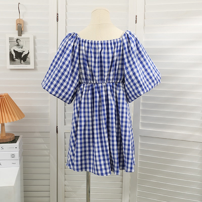 Fashionable women's dress with square neckline & puff sleeves – Selina