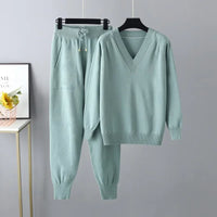 Women's Two-Piece Knit Set with V-Neck Sweater & Pants – Noelia