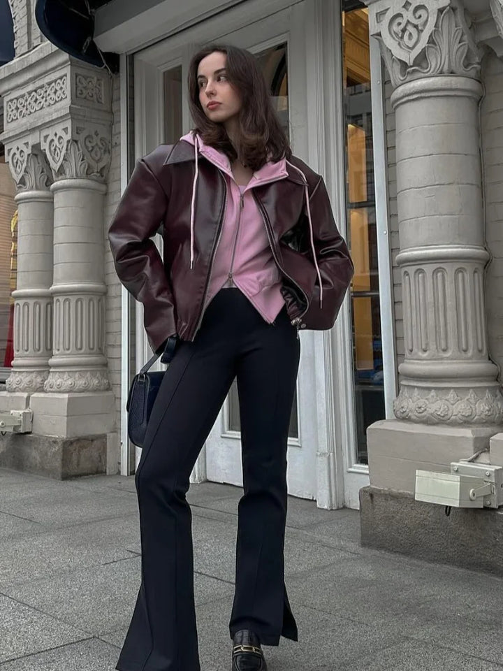 Brown leather women's jacket with lapel collar – Giulia