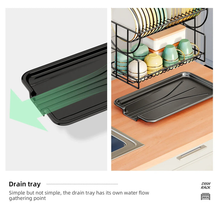 2-tier dish drying rack with drip tray and cutlery holder – Aria
