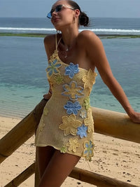 Yellow Crocheted Summer Mini Dress with Floral Embroidery for Women – Nari