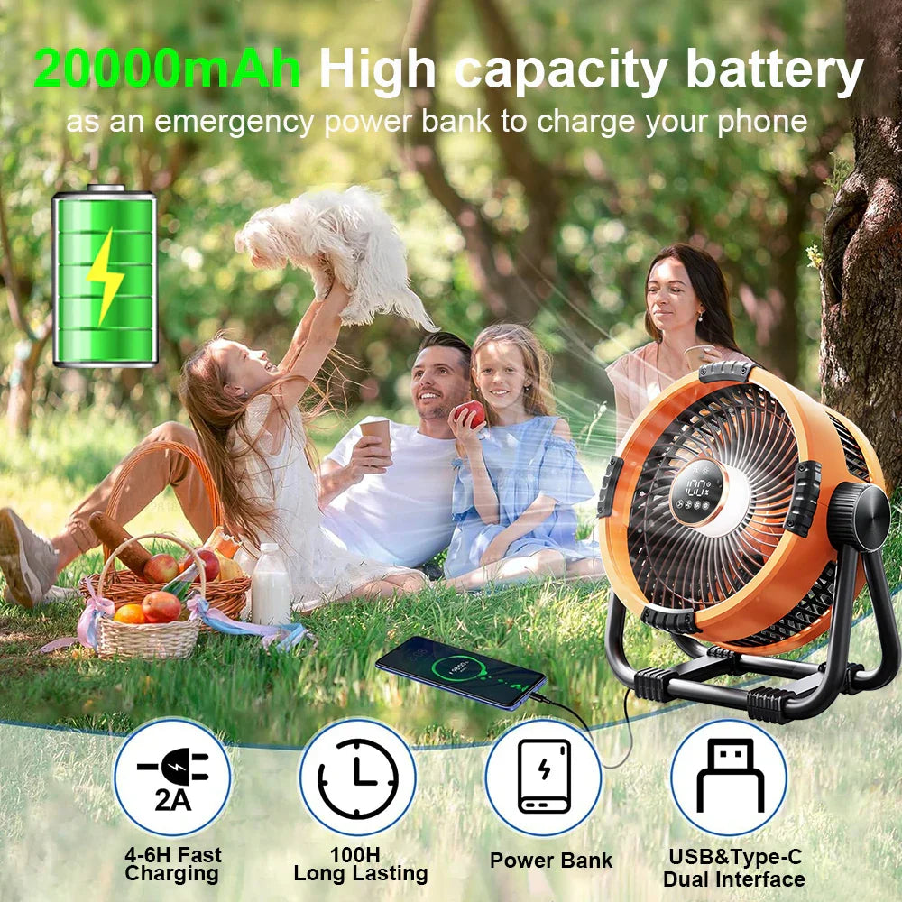 Camping fan with 20000mAh battery, LED light & remote control – WindMate