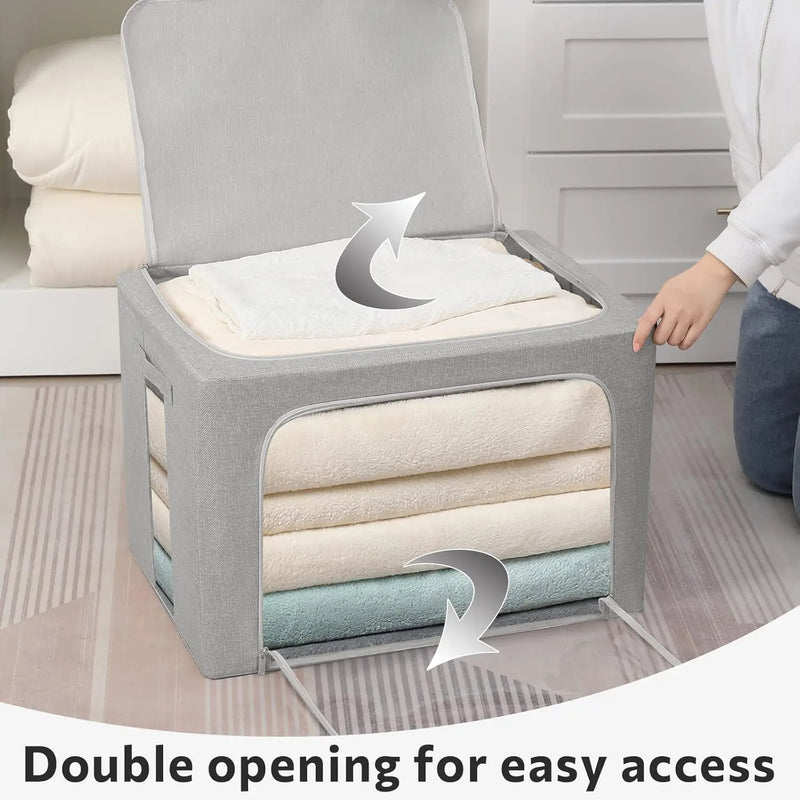 Stackable storage boxes made of linen fabric with clear window – Elara
