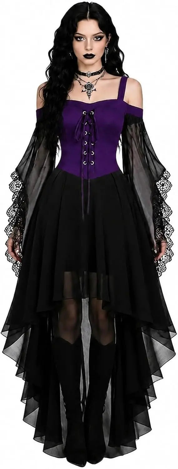 Model im Kleid mit violettem Schnürkorsett, schwarzem asymmetrischem Rock und Spitzenärmeln, Vorderansicht 6