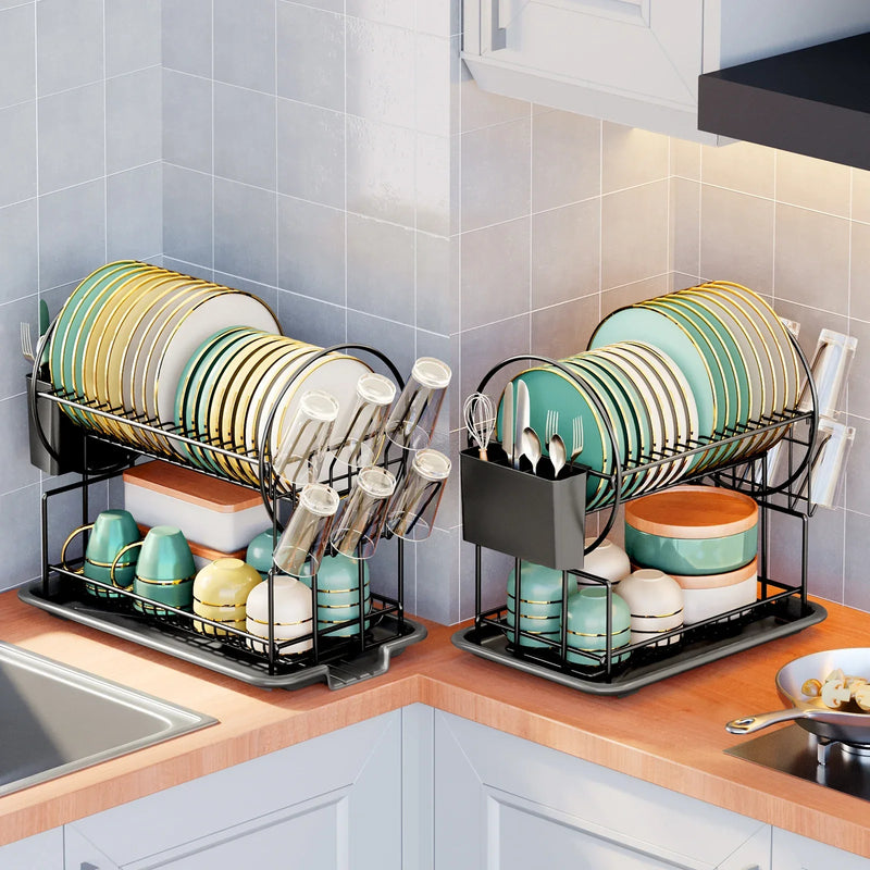 2-tier dish drying rack with drip tray and cutlery holder – Aria