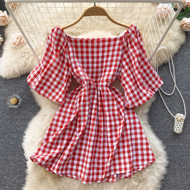 Fashionable women's dress with square neckline & puff sleeves – Selina