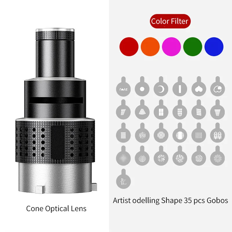 Conjunto de lentes cónicas para foco óptico con 35 gobos y montaje Bowens – Lumina