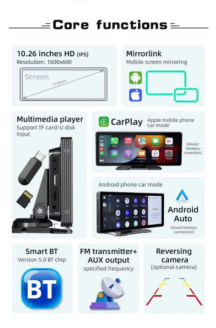 Universal 10.26-inch (26.06 cm) Car Multimedia Player with Wireless CarPlay and Android Auto