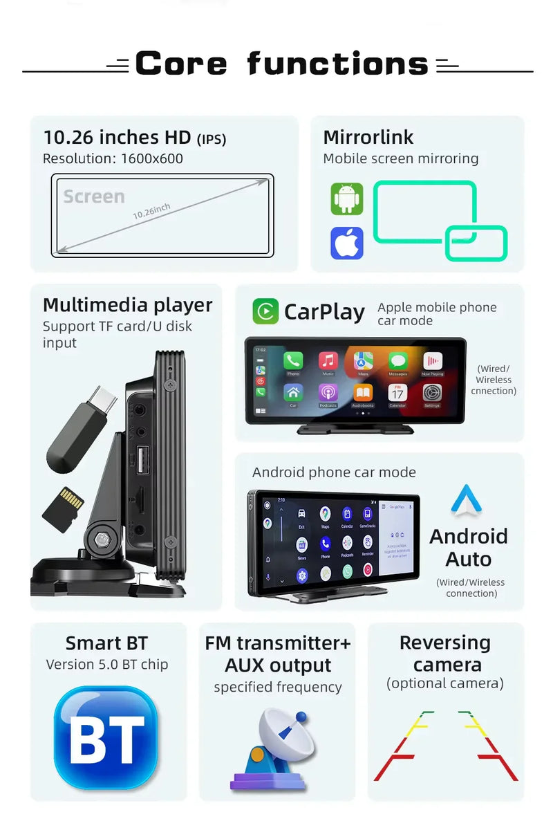 Universal 10.26-inch (26.06 cm) Car Multimedia Player with Wireless CarPlay and Android Auto
