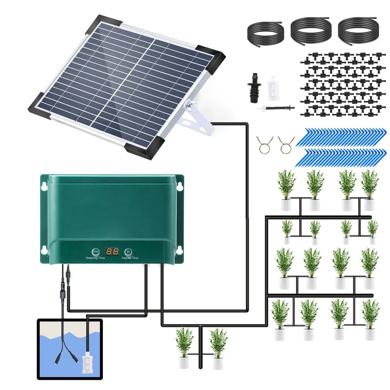 Kit de sistema de riego por goteo solar con riego automático con 30 modos y 7 temporizadores – AquaFlow