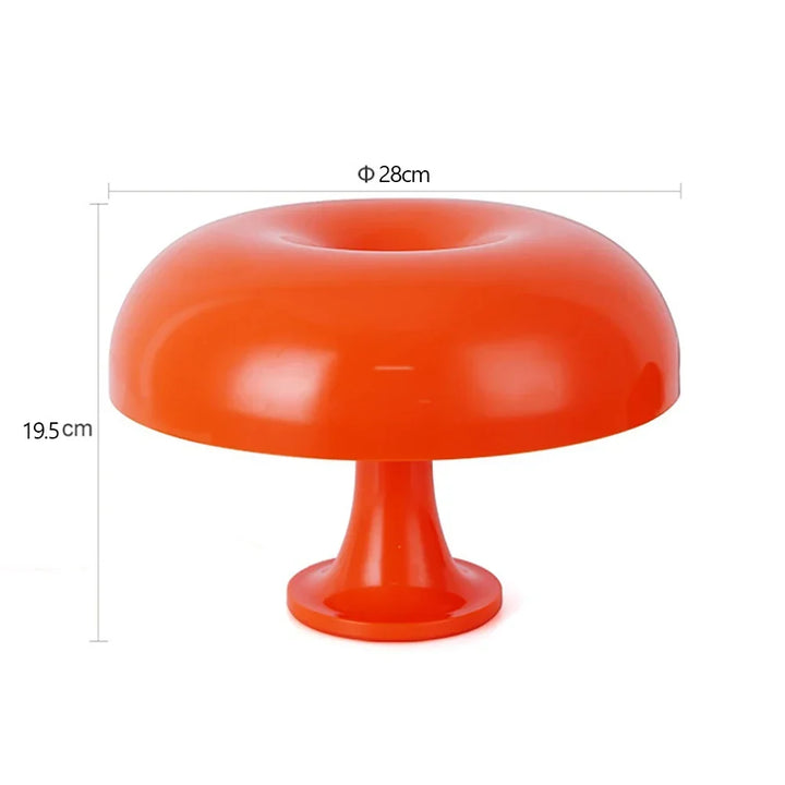 Orange Pilzlampe freigestellt mit Maßangaben für Durchmesser und Höhe auf weißem Hintergrund. 9