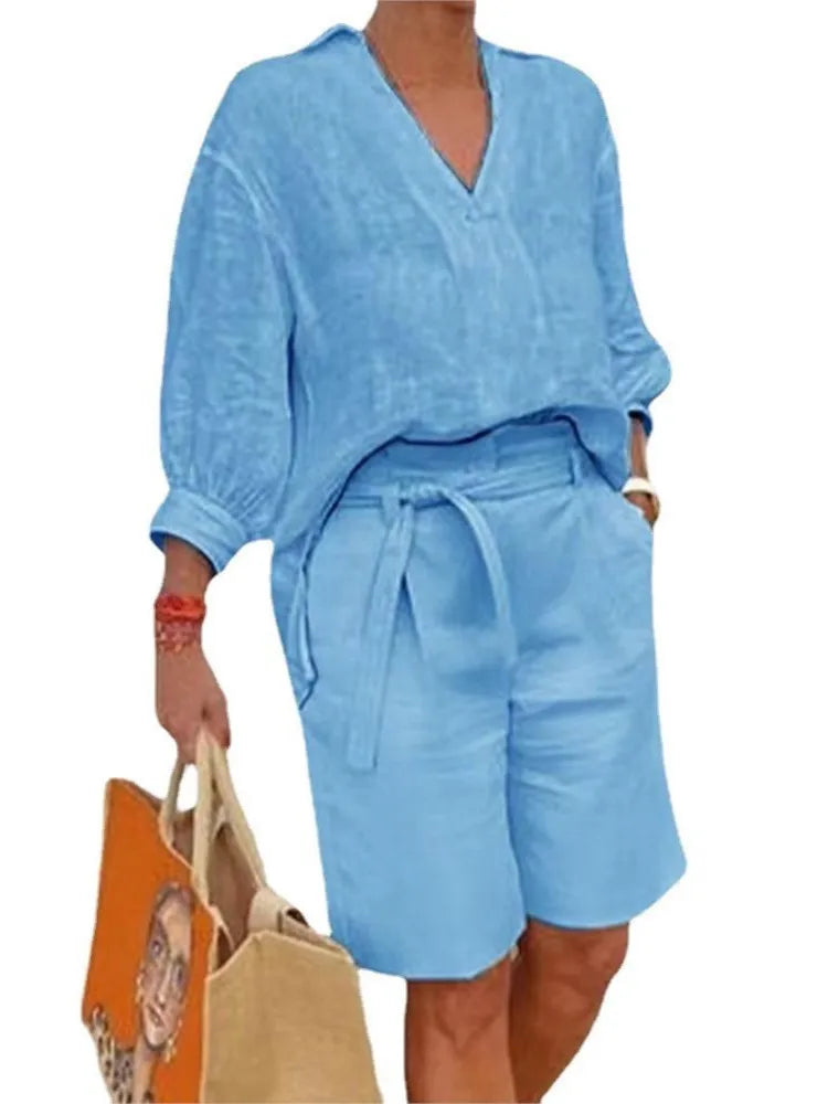 Airy & Stylish Two-Piece Linen Set with Blouse & Shorts for Women – Malea