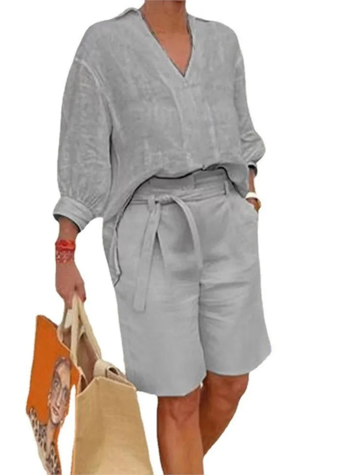 Airy & Stylish Two-Piece Linen Set with Blouse & Shorts for Women – Malea
