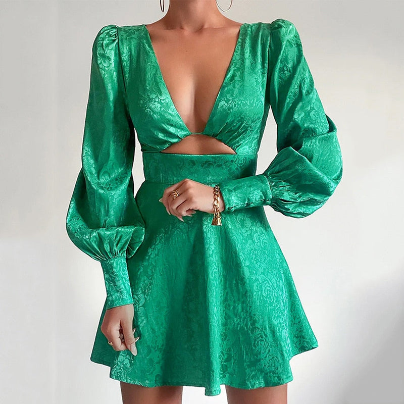 Printed satin dress with puff sleeves – Clarisse