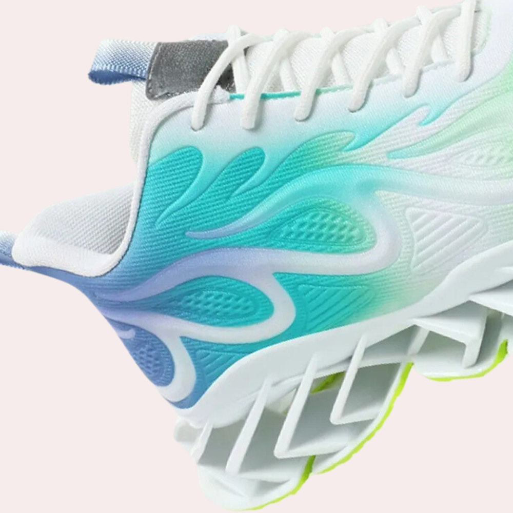 Weiße und blaue Sportschuhe mit einzigartiger Sohlendesign, ideal für Laufen und Fitness.