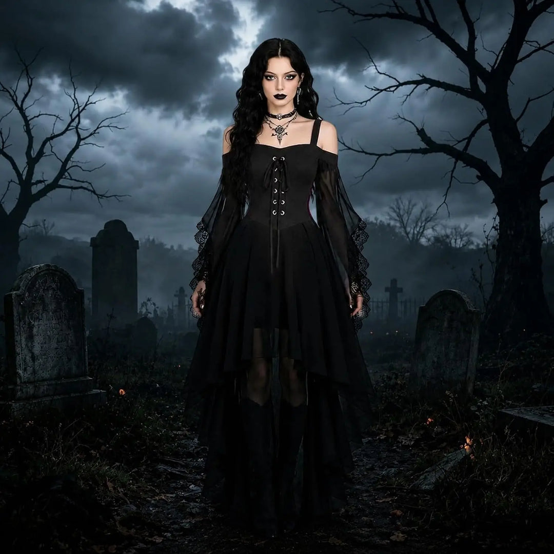 Model im schwarzen Kleid mit Schnürung auf einem nebligen Friedhof mit Grabsteinen und kahlen Bäumen 4
