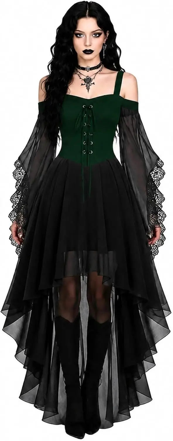 Model im Kleid mit dunkelgrünem Schnürkorsett, schwarzem Rock mit asymmetrischem Saum und Spitzenärmeln 9