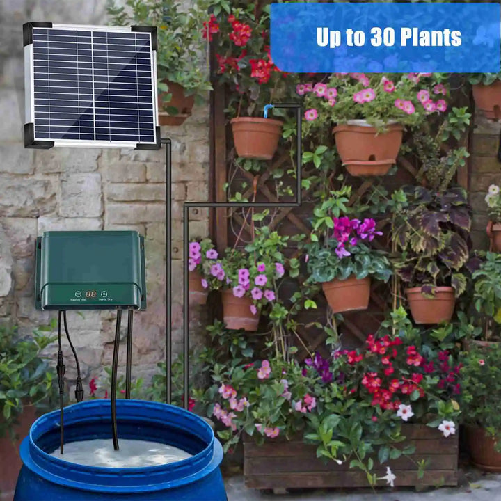 Kit de sistema de riego por goteo solar con riego automático con 30 modos y 7 temporizadores – AquaFlow