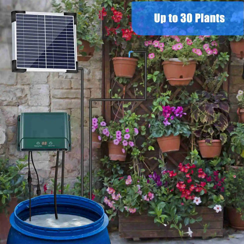 Kit de sistema de riego por goteo solar con riego automático con 30 modos y 7 temporizadores – AquaFlow