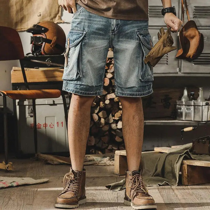 Herre Denim Cargo Bermuda i retro motorcykelstil – Ronex