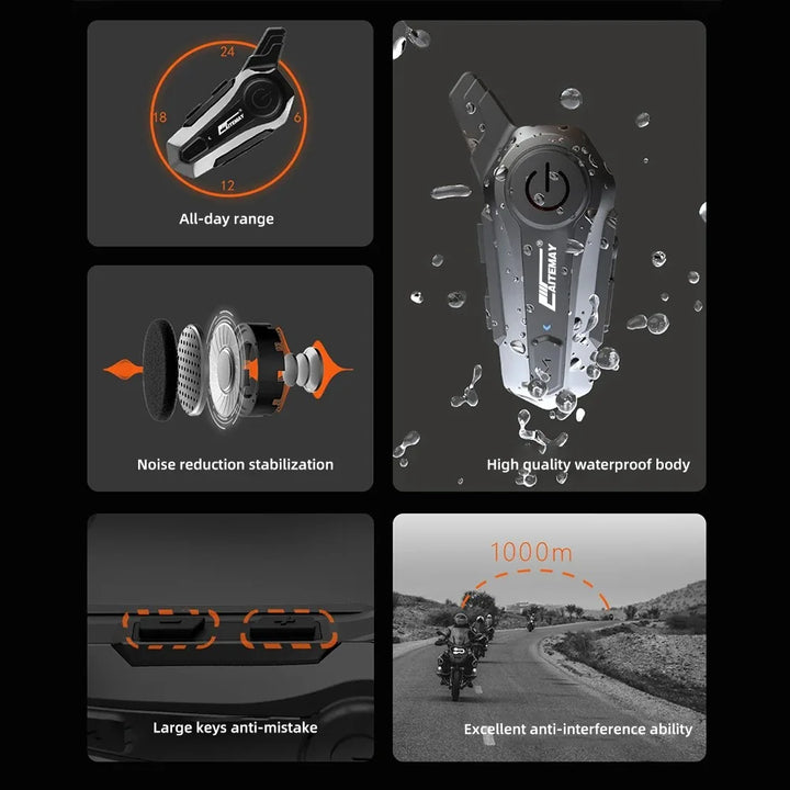 AA OOS Bluetooth motorcykelhjelm intercom headset med 1000 m rækkevidde og IPX6 vandtæt – RoadComm