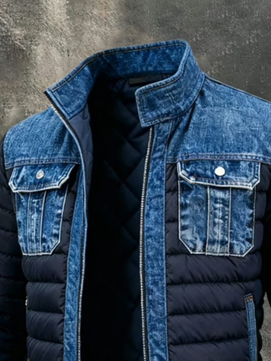 Oberteil der Jacke mit Stehkragen aus Jeansstoff, zwei Brusttaschen mit Knopfklappe und geöffnetem Reißverschluss, der das rautengesteppte Innenfutter zeigt. 3