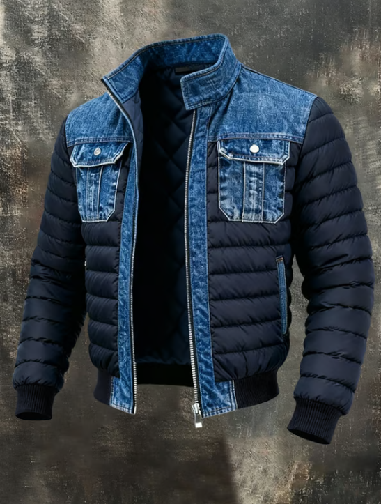 Jacke in der Gesamtansicht von vorn: dunkelblaue Steppärmel und Steppkörper mit Jeansstoff an Kragen, Schultern, Brusttaschen und Zipperleiste, Rippbündchen. 1