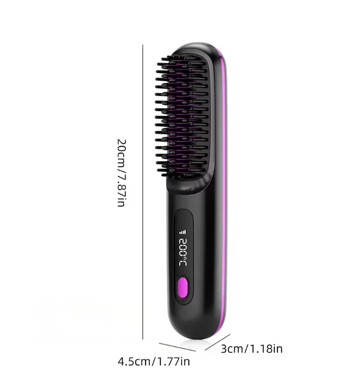 Schwarze Stylingbürste mit violettem Streifen in Frontansicht, mit Maßangaben für Länge, Breite und Tiefe als Linien eingezeichnet. 7