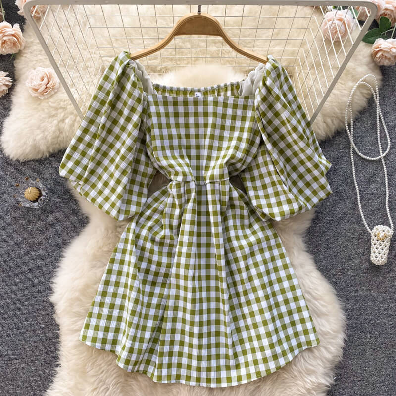 Fashionable women's dress with square neckline & puff sleeves – Selina