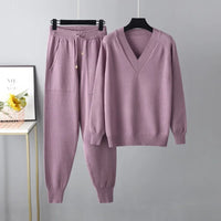 Women's Two-Piece Knit Set with V-Neck Sweater & Pants – Noelia