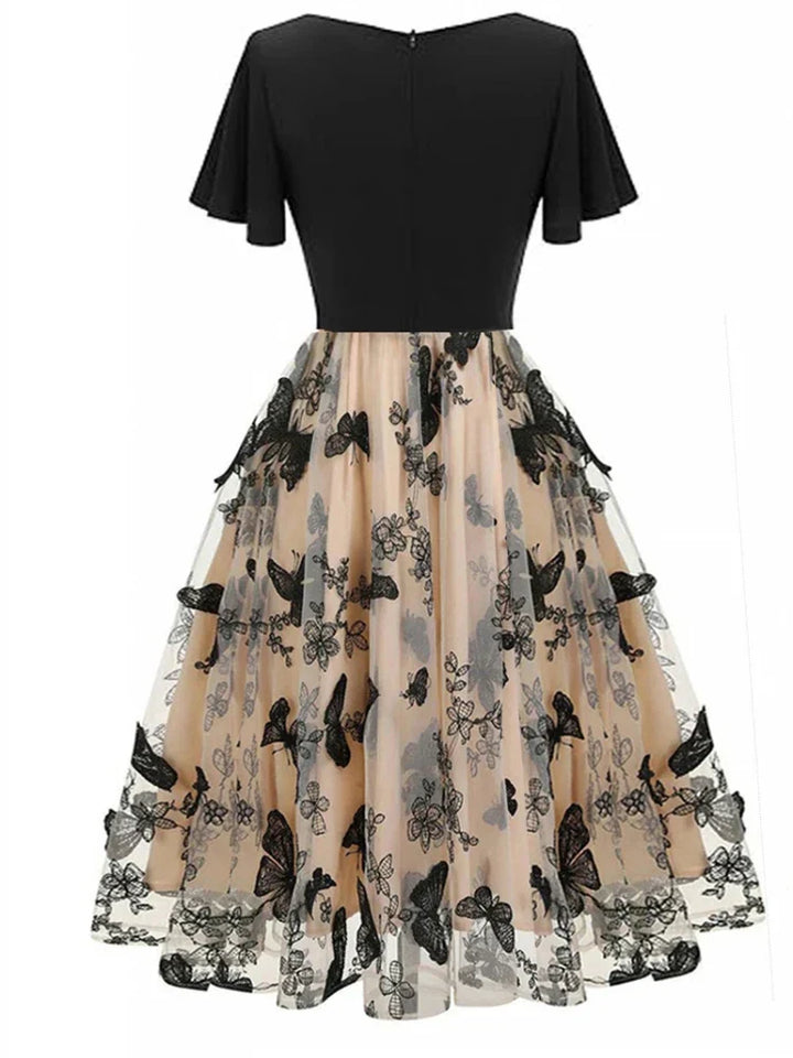 Stylish mesh midi dress with embroidery & ruffle sleeves – Maila