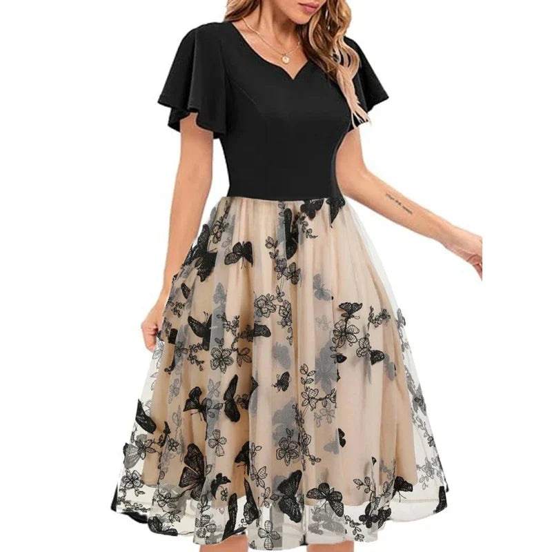 Stylish mesh midi dress with embroidery & ruffle sleeves – Maila