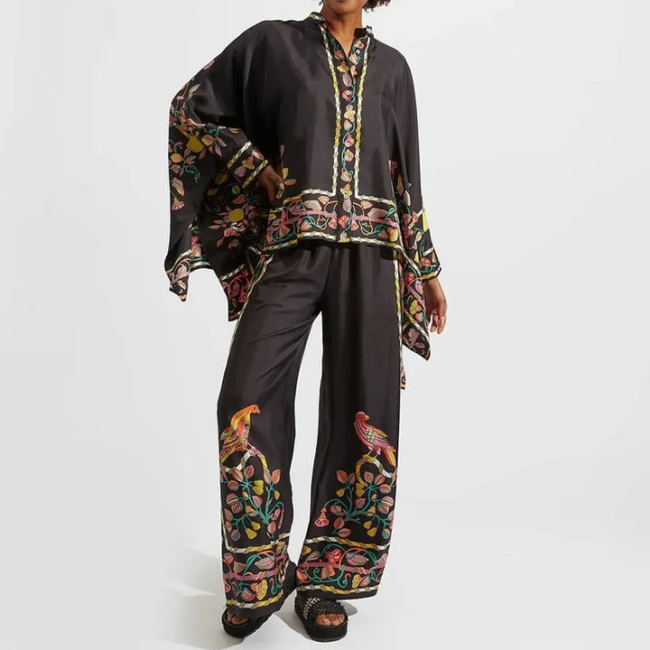 Zweiteiliges Damen Leinen Streetwear-Set Mit Ethno-Print – Samira