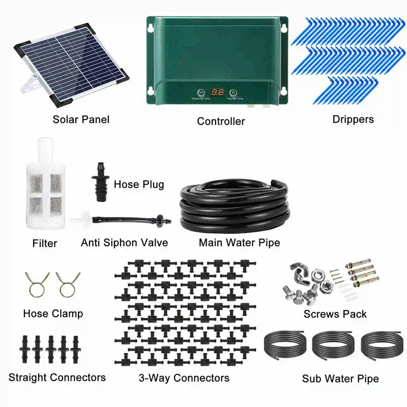 Kit de sistema de riego por goteo solar con riego automático con 30 modos y 7 temporizadores – AquaFlow