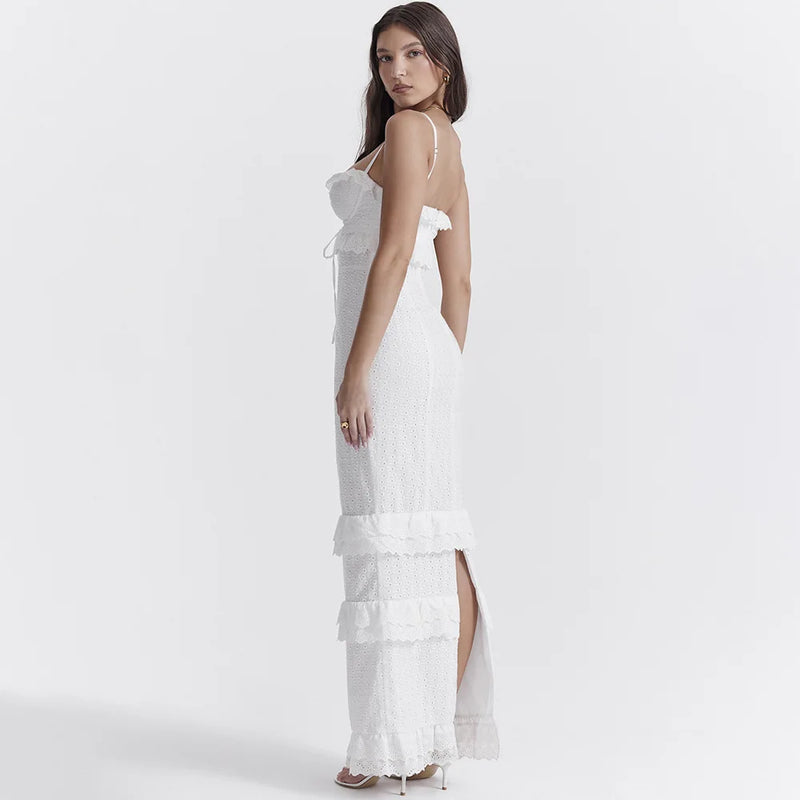 Stilvolles Besticktes Camisole Maxikleid in Weiß – Alina
