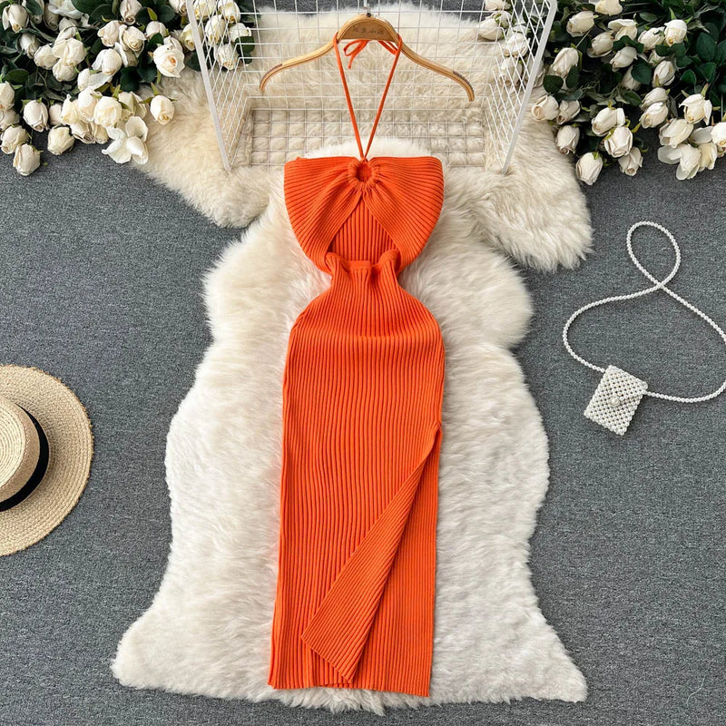 Trendy backless maxi knit dress with side slit for women (one size) – Liora