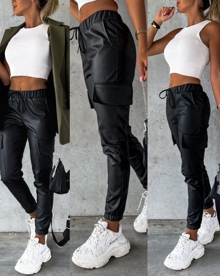 Leather-look cargo pants for women - Jade