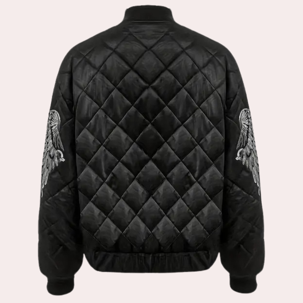 Schwarze gesteppte Bomberjacke mit Adlerstickerei, Herrenmode, Winterjacke, stilvoll und warm.