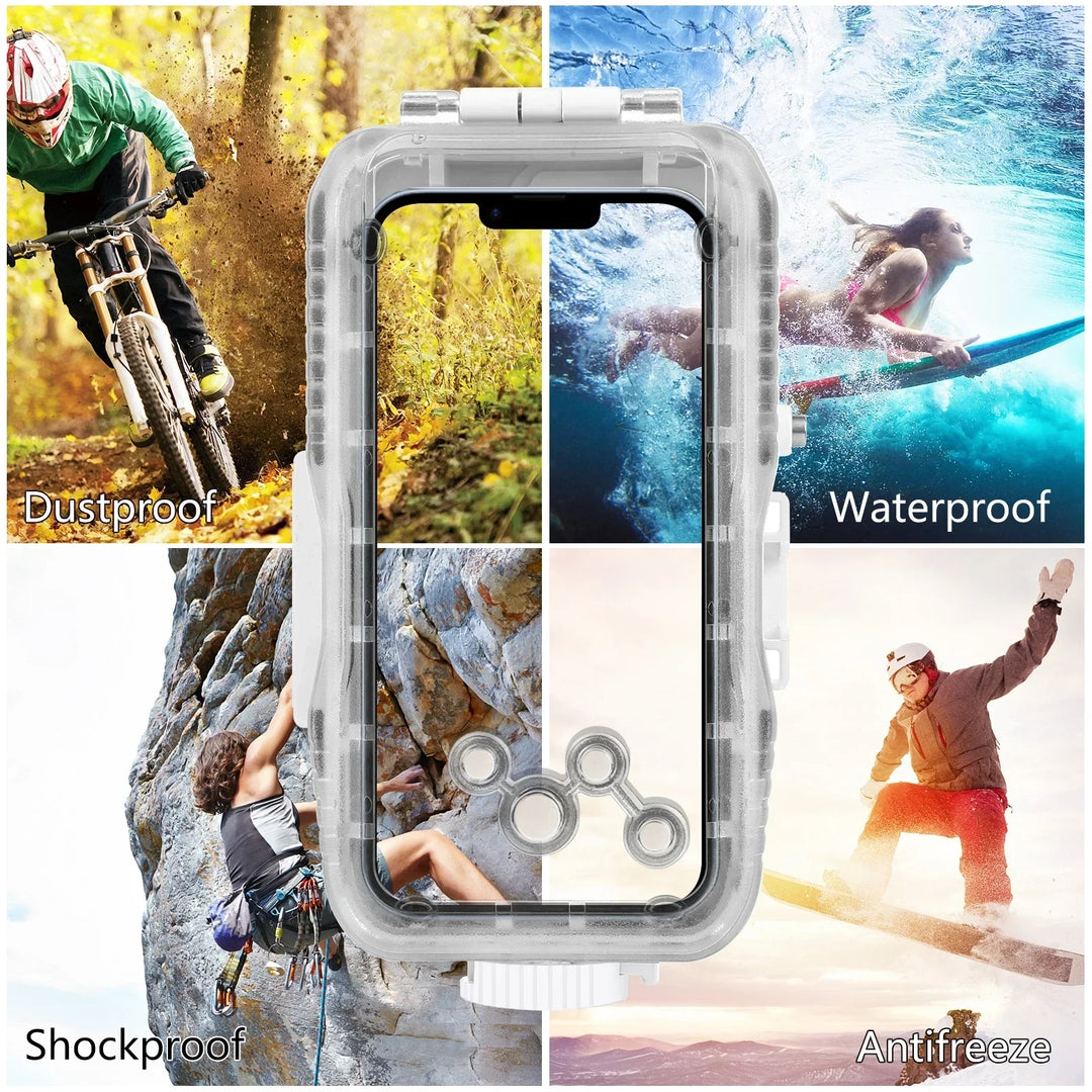 Vanntett dykkekapsling for iPhone med 40 m dybdebeskyttelse og berøringskontroll – AquaShield